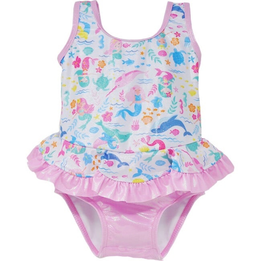 Girls Pink Mermaid Ruffle One-Piece Swimsuit